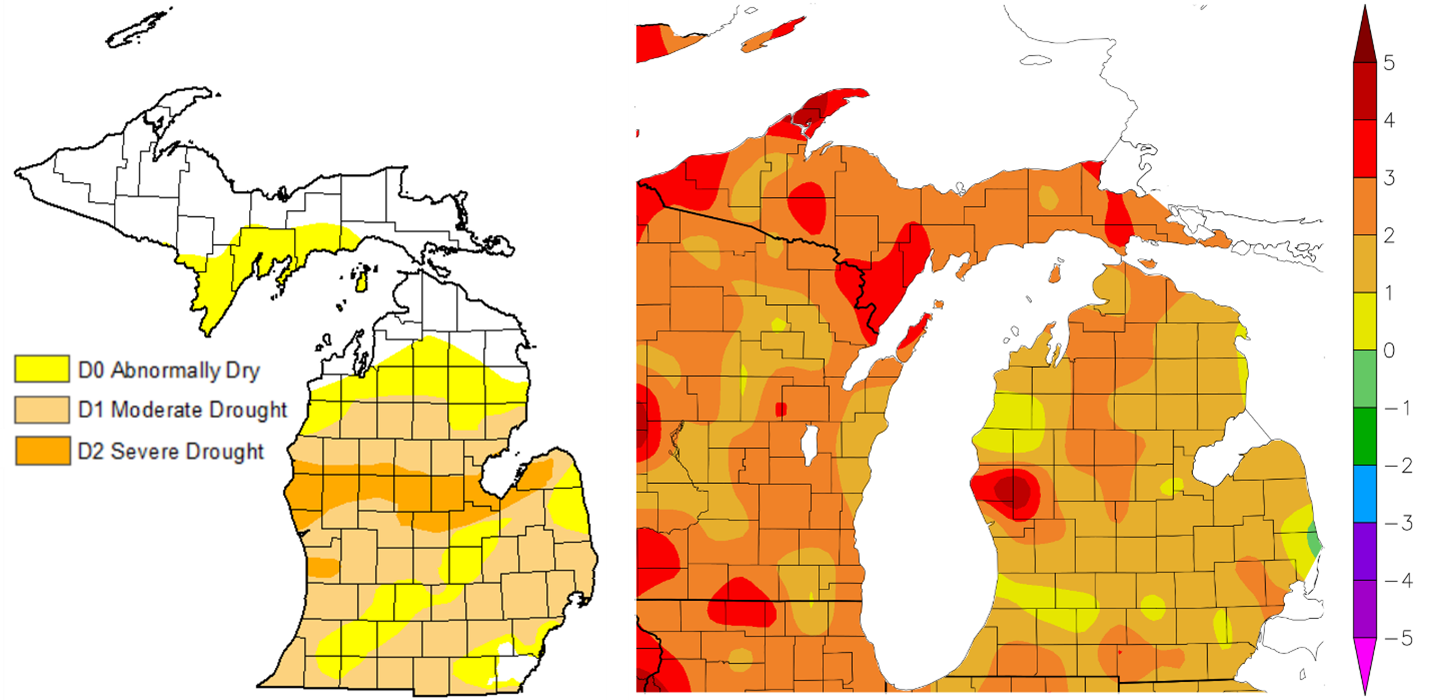 Two maps of Michigan showing drought conditions. The left map from the U.S. Drought Monitor indicates areas as abnormally dry, in moderate drought, or severe drought, mostly in the Lower Peninsula. The right map shows drought intensity with orange and red colors representing drier areas.